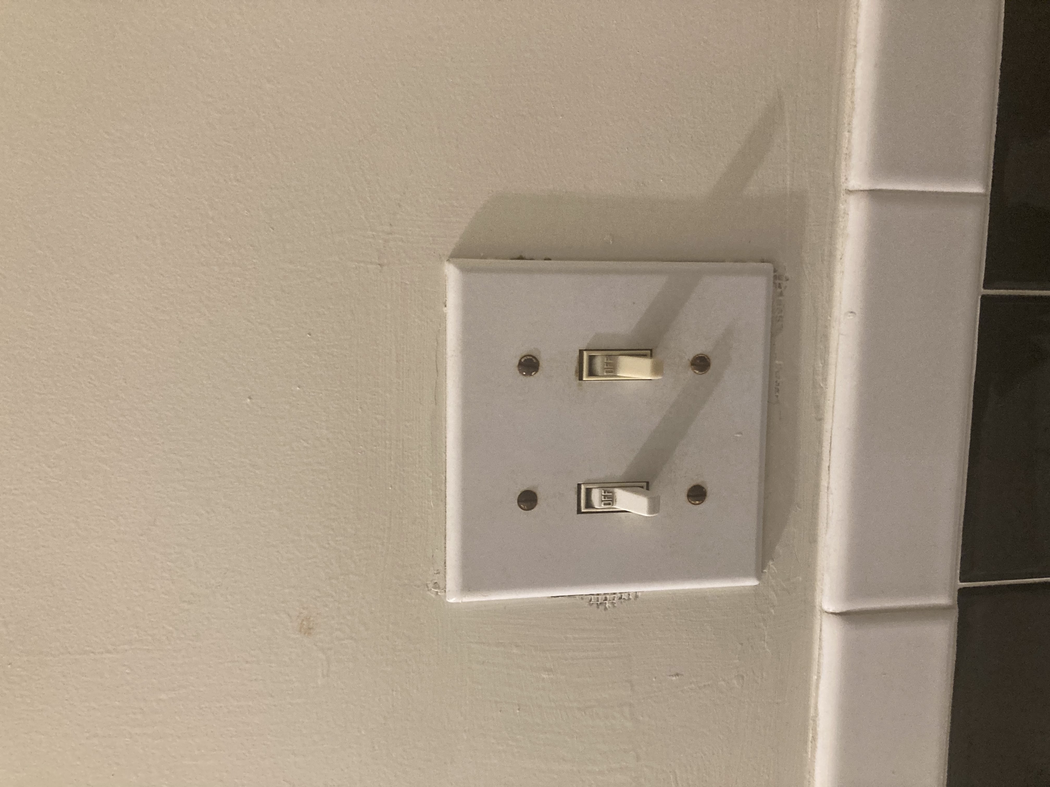 two light switches inside of a bathroom