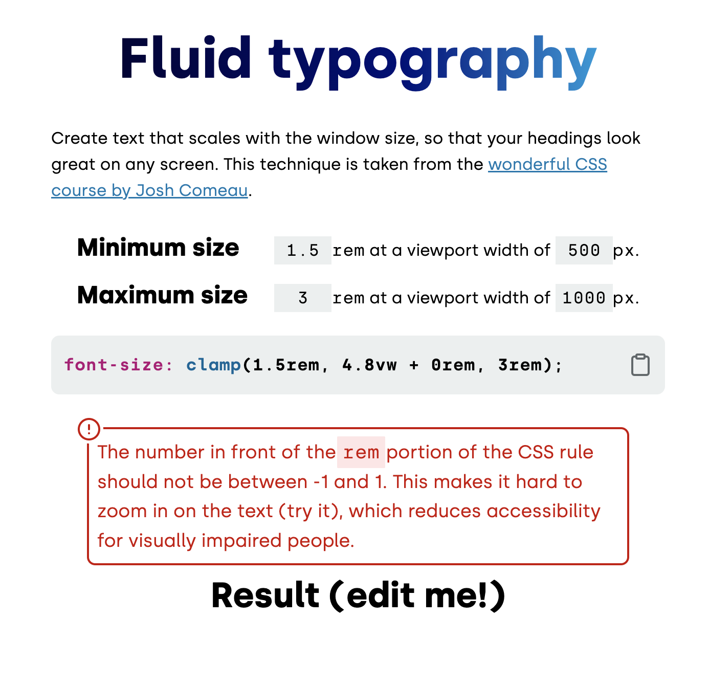 fluid typography interface with unclear error message