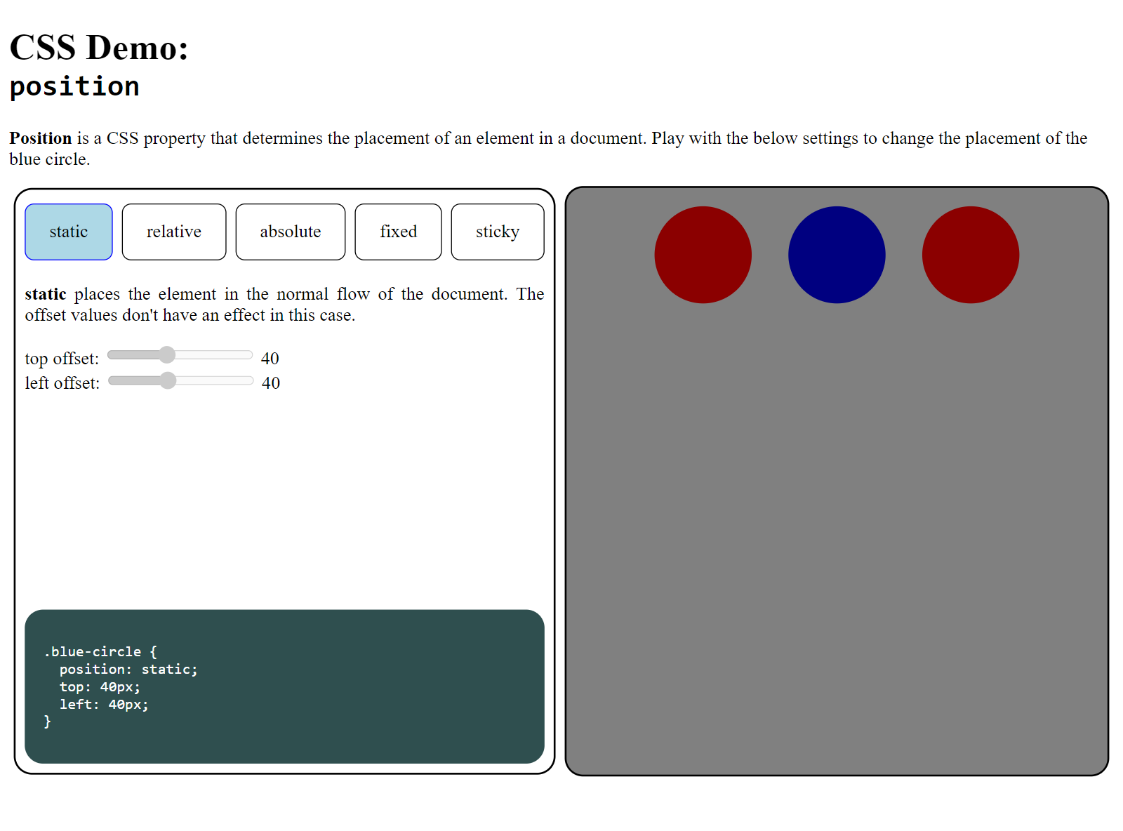 CSS demo for position application.