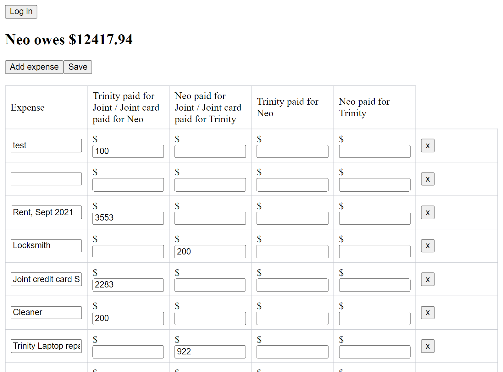 Expenses spreadsheet application.